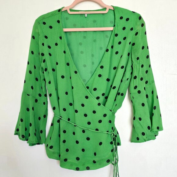 Ganni Dainty Georgette Printed Polka Dot Wrap Blouse Top, 34 XS 2, Green & Black - Picture 1 of 10